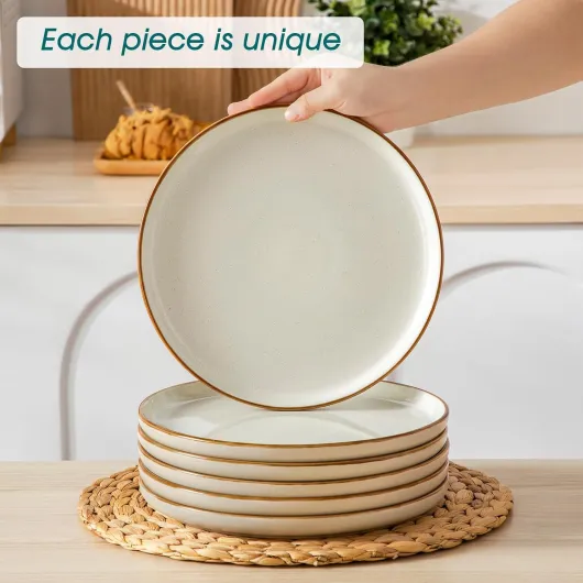 RENO Service de Table 18 Pièces en Porcelaine, Service Vaisselle 6 Personnes, 6 Assiettes Plates, 6 Assiettes à Dessert, 6 Bols à Céréales, Émail beige mat 18 Pièces Beige