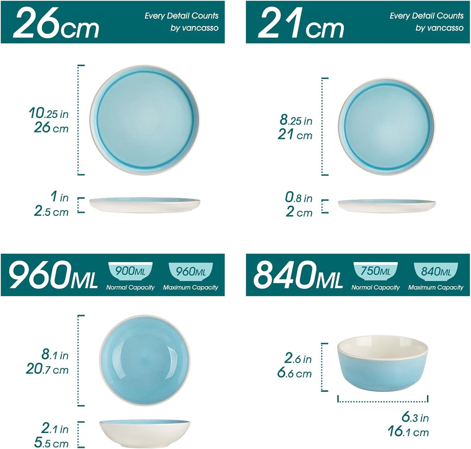 ELBA Assiettes Service de Table 6 Personnes, 24 Pièce Service Vaisselle Complet en Grès - 6 Assiettes Plates, 6 Assiettes à Dessert, 6 Assiettes Creuses et 6 Bols, Compatible Micro-Ondes,Bleu Set de 24 Pièces Bleu