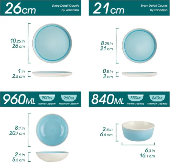ELBA Assiettes Service de Table 6 Personnes, 24 Pièce Service Vaisselle Complet en Grès - 6 Assiettes Plates, 6 Assiettes à Dessert, 6 Assiettes Creuses et 6 Bols, Compatible Micro-Ondes,Bleu Set de 24 Pièces Bleu