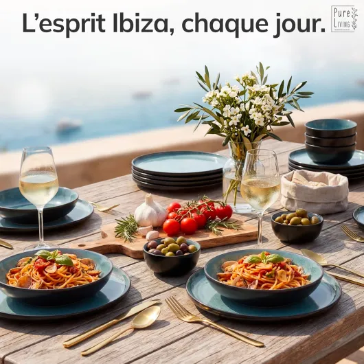 Pure Living Service de table 24 pièces pour 6 personnes – Beau service de table en grès de style méditerranéen pour 6 personnes – Passe au lave-vaisselle et au micro-ondes – Service de pour 6 Bleu Fumé Set de 24 pièces