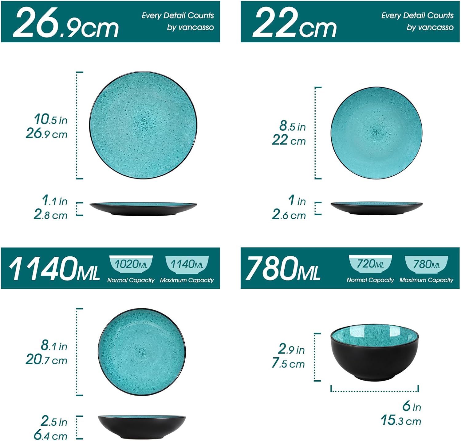 Service de Table pour 6 Personnes, Service Vaisselle 24 Pièces en Grès - 6 Assiettes Plates, 6 Assiettes à Dessert, 6 Assiettes Creuses et 6 Bols - Glaçure Vert, Compatible Micro-Ondes 24 pièces Vert