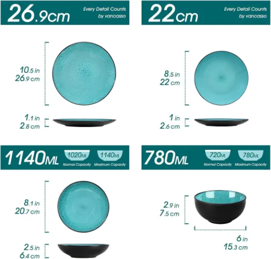Service de Table pour 6 Personnes, Service Vaisselle 24 Pièces en Grès - 6 Assiettes Plates, 6 Assiettes à Dessert, 6 Assiettes Creuses et 6 Bols - Glaçure Vert, Compatible Micro-Ondes 24 pièces Vert