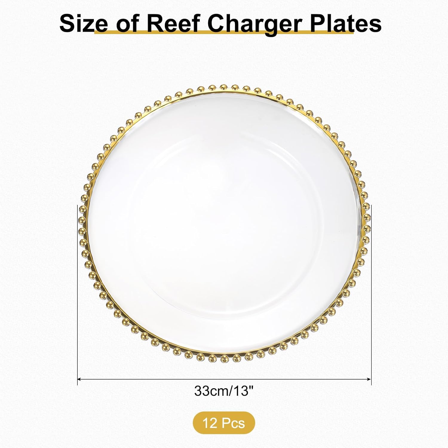 Lot de 12 assiettes de présentation rondes en plastique transparent de 33 cm avec bordure perlée pour fête de mariage, événement, décoration de table, doré
