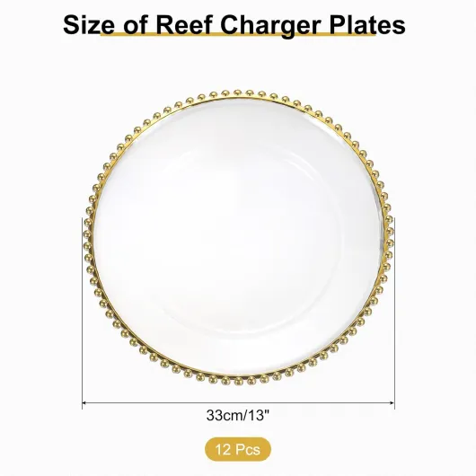 Lot de 12 assiettes de présentation rondes en plastique transparent de 33 cm avec bordure perlée pour fête de mariage, événement, décoration de table, doré