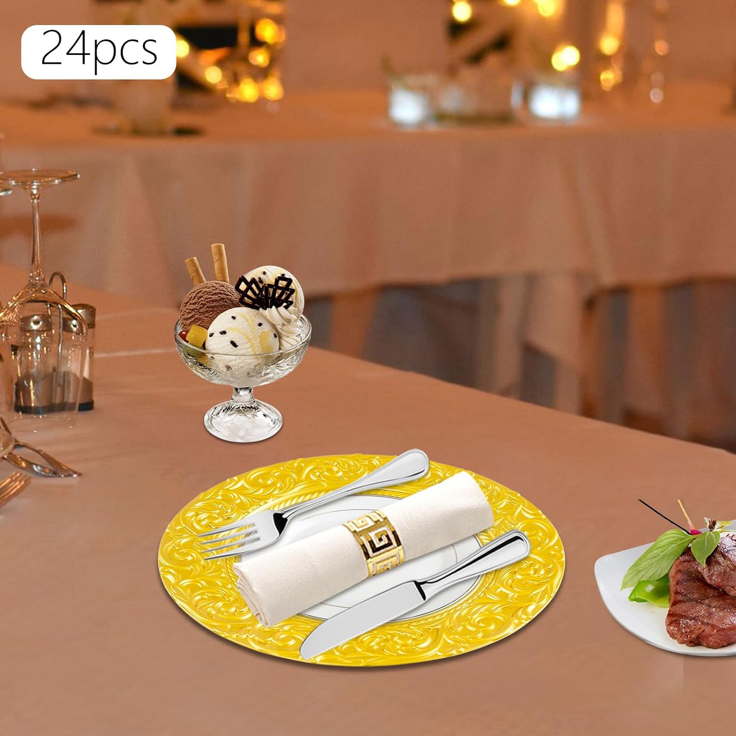 Set de vaisselle 24 pièces, Plateau de présentation rond, Assiettes réutilisables, fond emboîté pour anniversaires, mariages, restaurants et maison, 33 cm de diamètre (Doré)