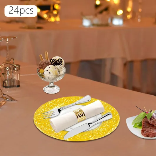 Set de vaisselle 24 pièces, Plateau de présentation rond, Assiettes réutilisables, fond emboîté pour anniversaires, mariages, restaurants et maison, 33 cm de diamètre (Doré)