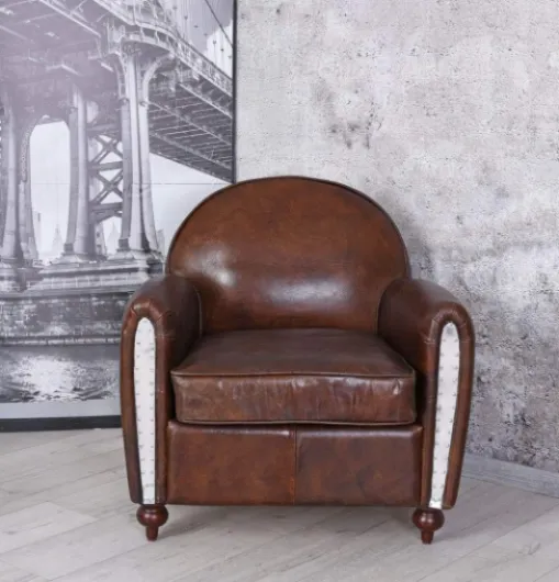 Palazzo Art Deco Fauteuil club en cuir et aluminium avec accoudoirs rembourrés Style antique Ovl016