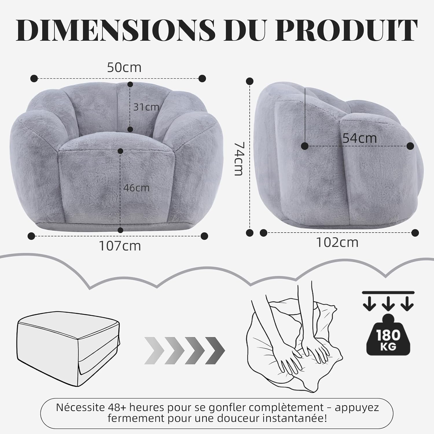 Pouf pour Adulte avec Rembourrage, Pouf en Forme de pétale, Grand Pouf en Fourrure synthétique, Fauteuil de Salon Confortable, Mousse Haute densité, Chambre à Coucher, Salon (Gris Clair)