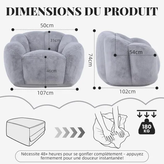 Pouf pour Adulte avec Rembourrage, Pouf en Forme de pétale, Grand Pouf en Fourrure synthétique, Fauteuil de Salon Confortable, Mousse Haute densité, Chambre à Coucher, Salon (Gris Clair)