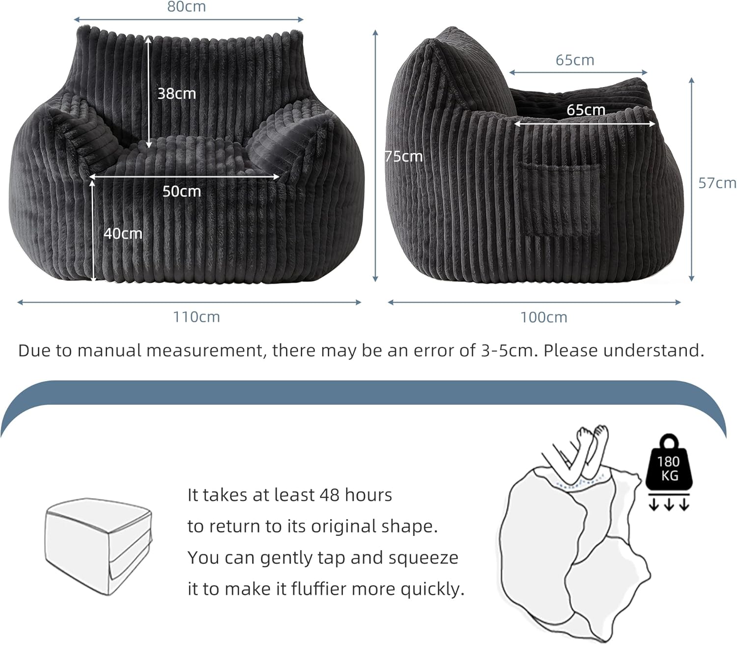 RIOVARM Pouf géant en Peluche Canapé Pouf surdimensionné Canapé de Sol pour se détendre Fauteuil d'appoint avec Mousse à mémoire de Forme Modèles pour Le Salon, la Chambre et Le Balcon Noir