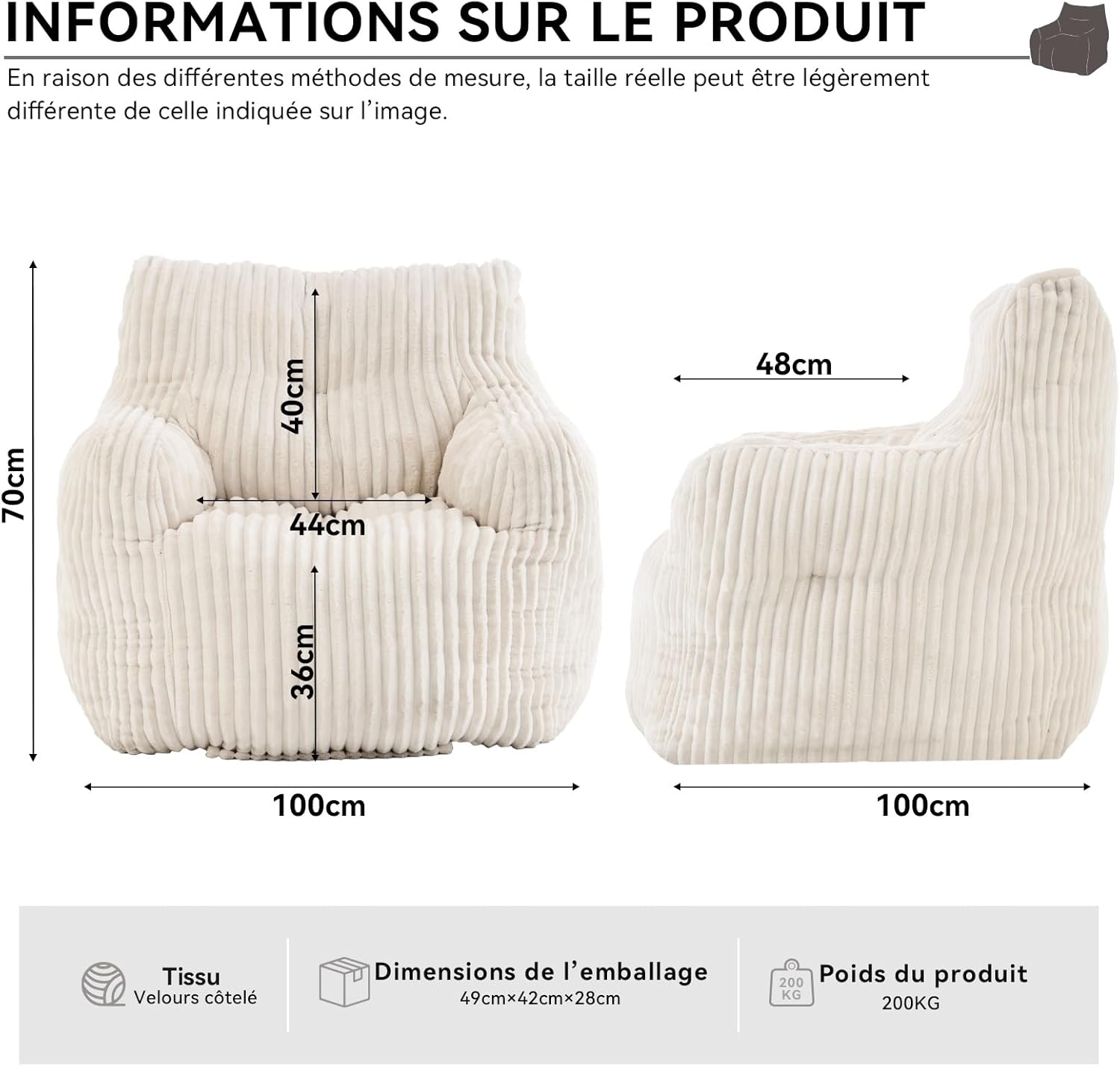 Pouf Salon & Chambre pour Adultes, Fauteuil Poire en Velours Côtelé, Canapé Pouf Rempli de Mousse à Mémoire de Forme, Confort Cocooning sans Montage, Beige