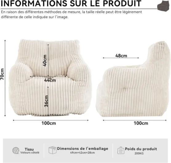 Pouf Salon & Chambre pour Adultes, Fauteuil Poire en Velours Côtelé, Canapé Pouf Rempli de Mousse à Mémoire de Forme, Confort Cocooning sans Montage, Beige