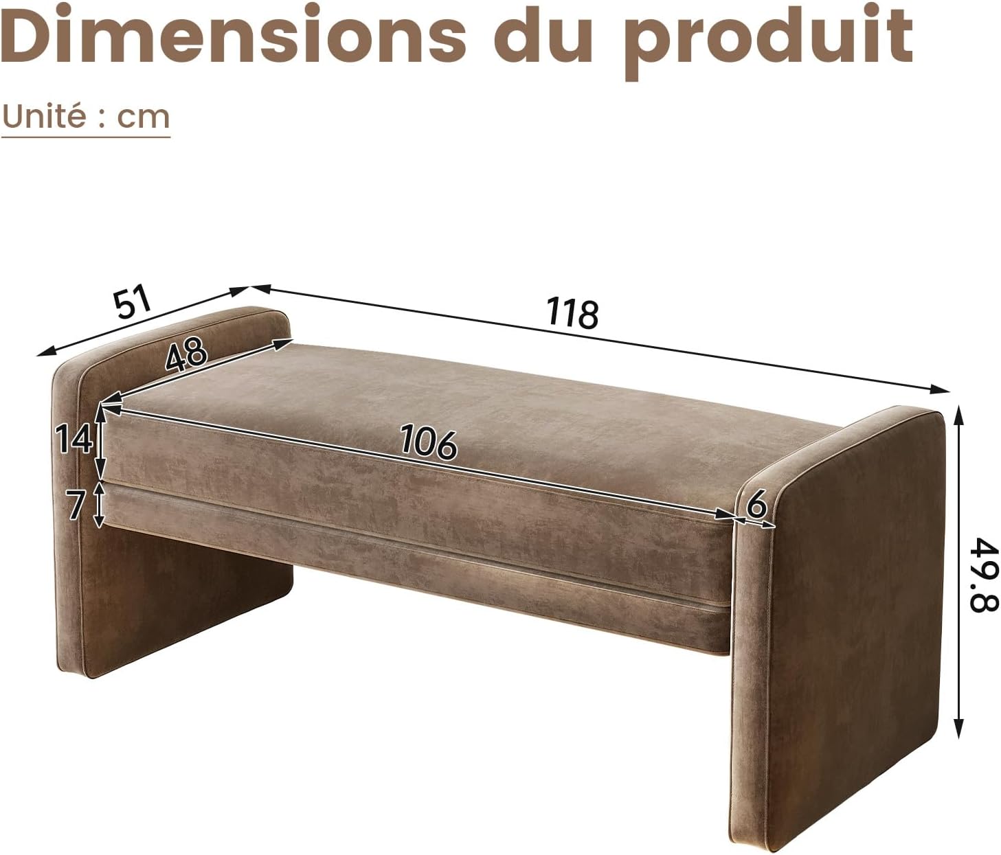 Banc à Chaussures rembourré 118cm en Tissu Bouclette Brun foncé – Banc de Pied de lit, siège d’appoint Confortable 1 Place pour Chambre, entrée ou Dressing, Design Moderne