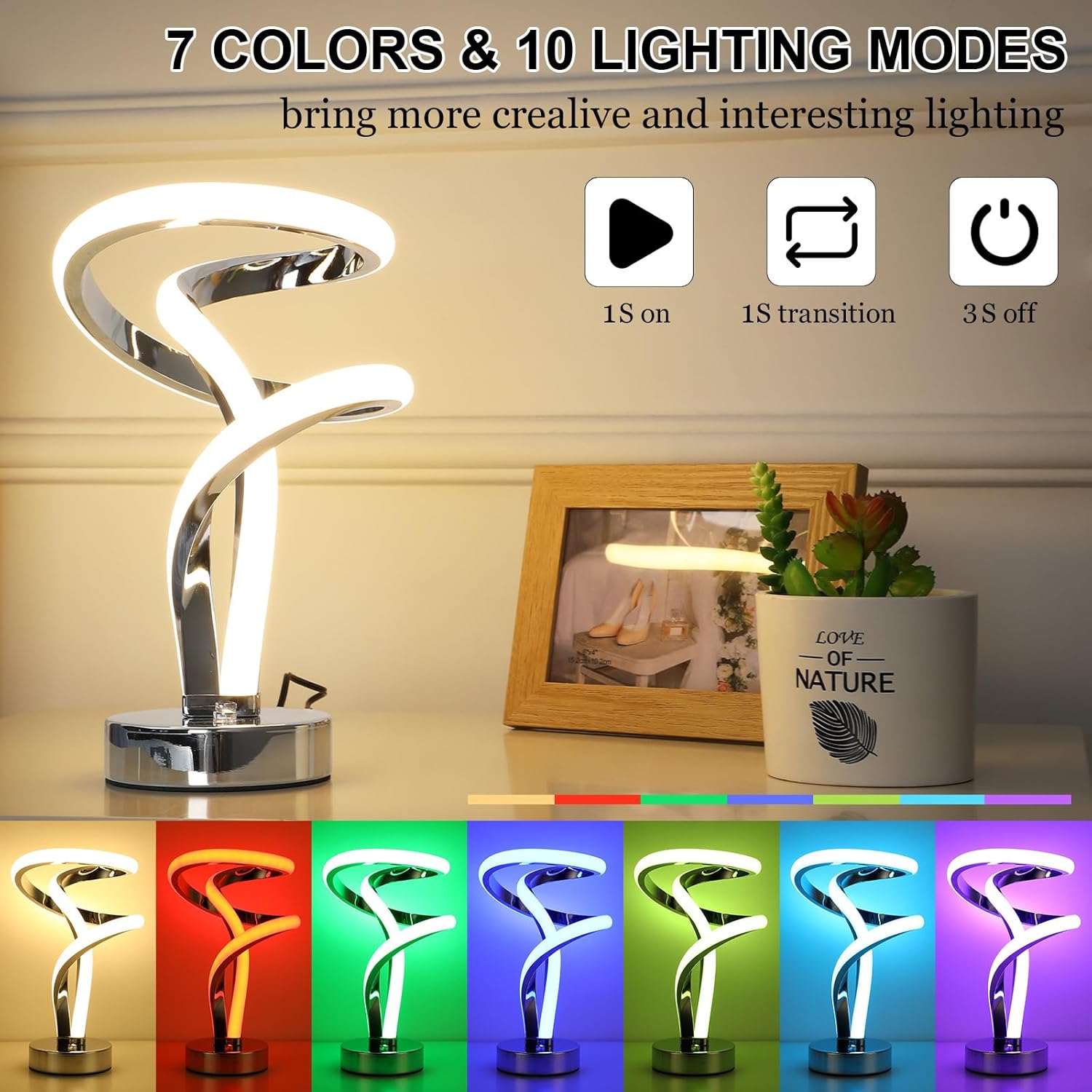 Lampe de Chevet LED, Lampe de Table Tactile Dimmable RGB, Lampe Chevet Spirale Moderne 10W, 7 Couleurs pour Chambre Salon Ambiance
