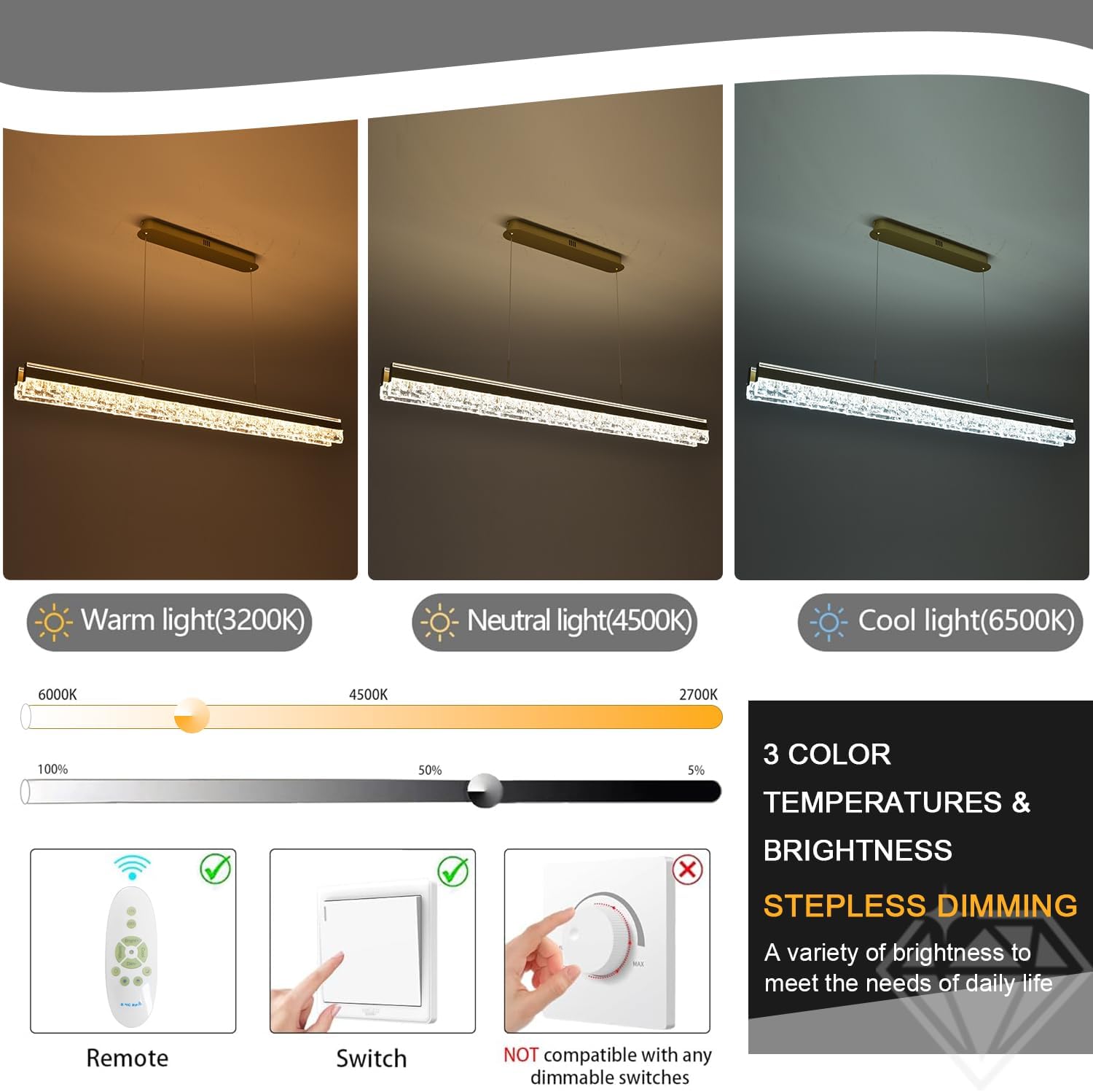 Lustre linéaire de 47,24" pour salle à manger Suspensions modernes à LED Éclairage à intensité variable avec cristaux pour cuisine, salon, bureau, bar Gold L120cm