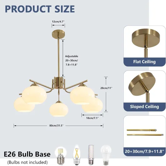Lighting Lustre à 5 lumières Globe Flush Mount Sputnik Luminaires modernes en suspension en laiton doré Appareil d'éclairage avec globe en verre laiteux Lustre pour l'îlot de cuisine 5-Light