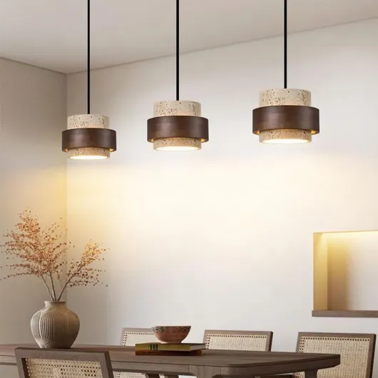 Lustre Suspendu En Pierre Naturelle Cylindrique Travertin Style Wabi Sabi Et Nordique Avec Bois Pour Îlot De Cuisine Décoration Murale Réglable Couloir Chambre Salle À Manger Éclairage Plafond(B