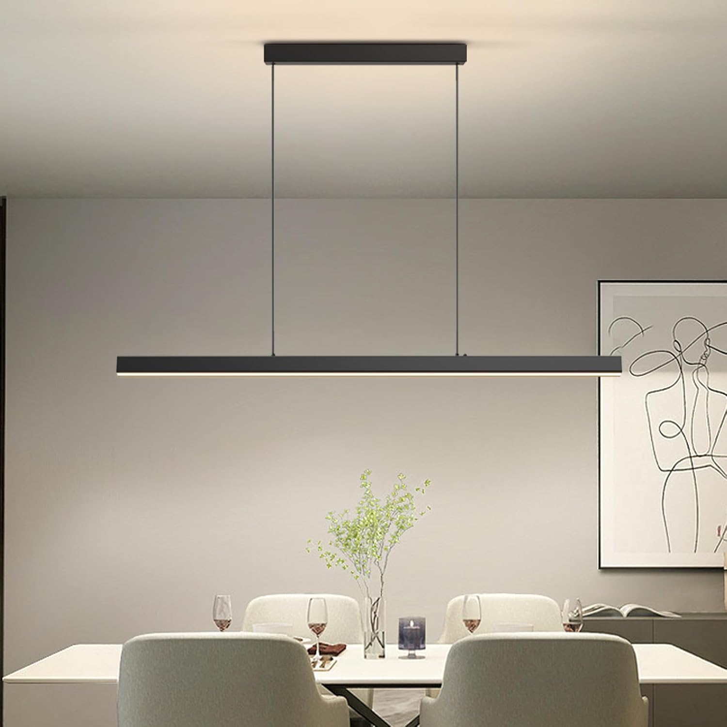 Suspension Luminaire Cuisine Moderne, 3000K/4500K/6500K 10%–100% Température de Couleur Lustre Linéaire, Dimmbar avec Télécommande Chandelier pour Cuisine,Salon,Salle à manger,Chambre à Coucher 150CM C-black 150CM