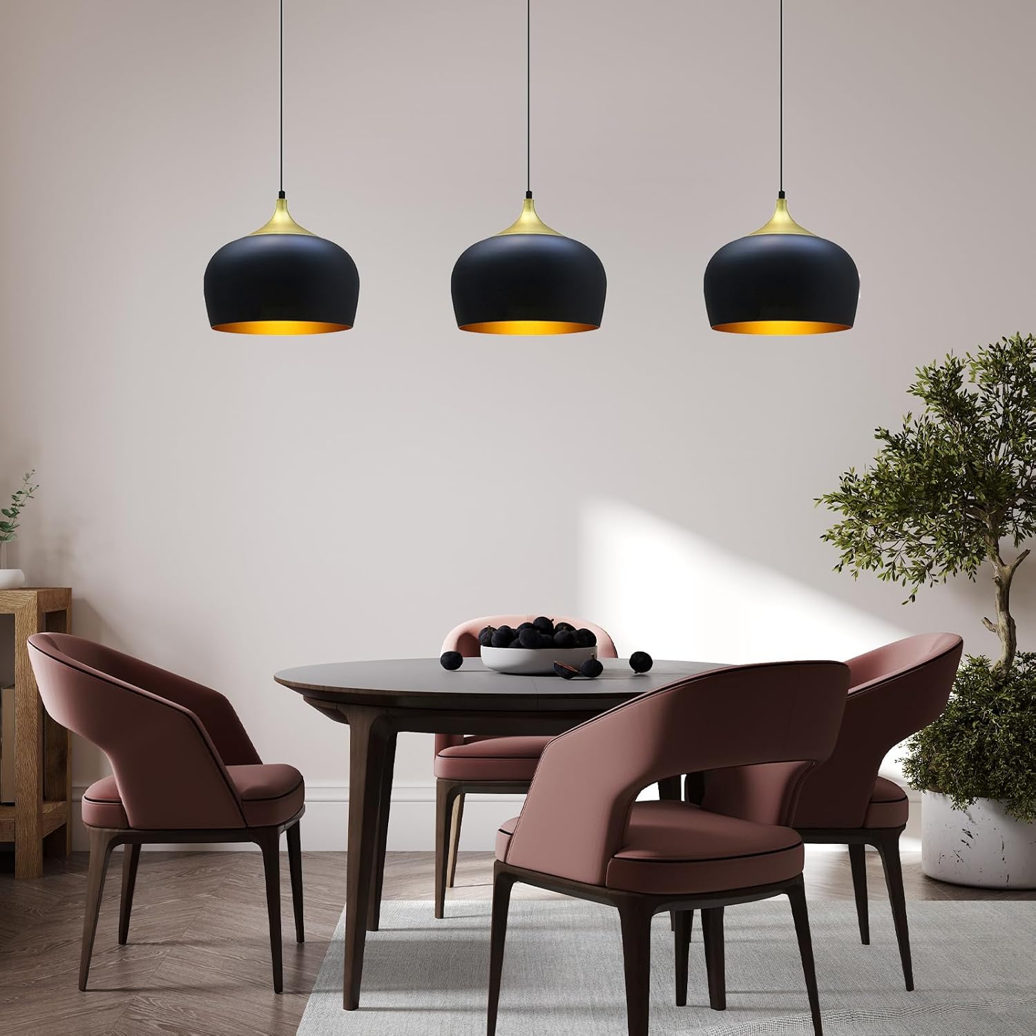 Lot de 3 Suspension Luminaire Moderne en Metal, Lustre Salle à Manger Ronde de 30 cm, Lustre Cuisine E27 en Métal, Plafonnier, Lampe pour Chambre, Salon, Couloir, Noir Noir-or X3