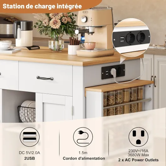 Sapgaks Desserte îlot de Cuisine Mobile avec 2 Plans de Travail Extensible et USB, Meuble de Cuisine avec Étagères Réglables, Table à Bar avec 2 Tiroirs, 142 (Max.340cm) x55x93cm, Blanc