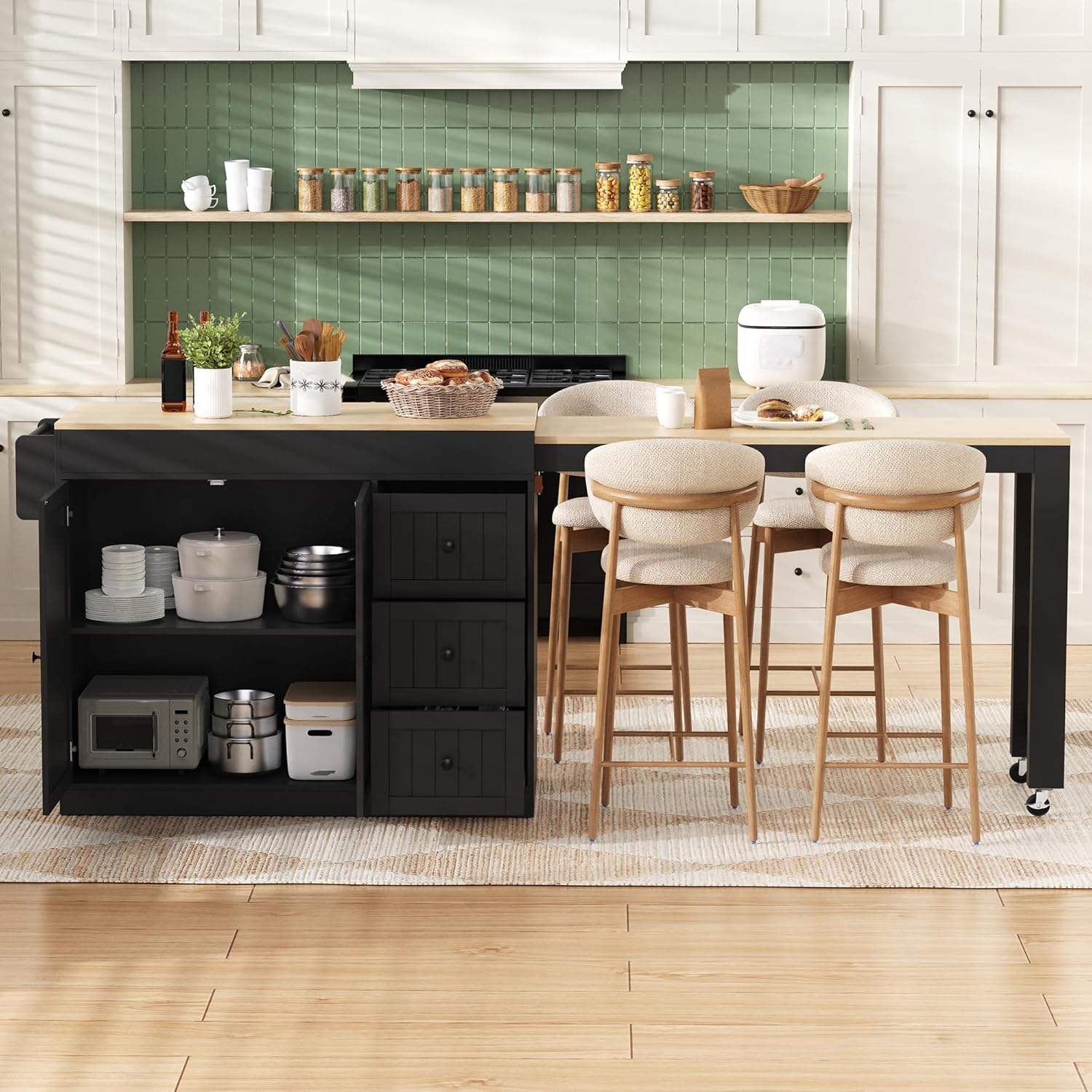 Îlot de cuisine rétractable,sur roulettes,Bar de cuisine moderne avec table à manger gigogne,chariot de cuisine mobile avec étagère à épices et tiroir, Salon aux cuisines et salles à manger,Noir Noir-c