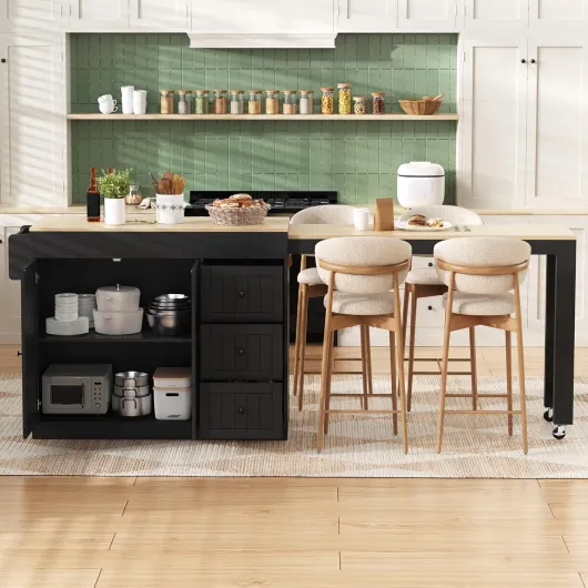 Îlot de cuisine rétractable,sur roulettes,Bar de cuisine moderne avec table à manger gigogne,chariot de cuisine mobile avec étagère à épices et tiroir, Salon aux cuisines et salles à manger,Noir Noir-c