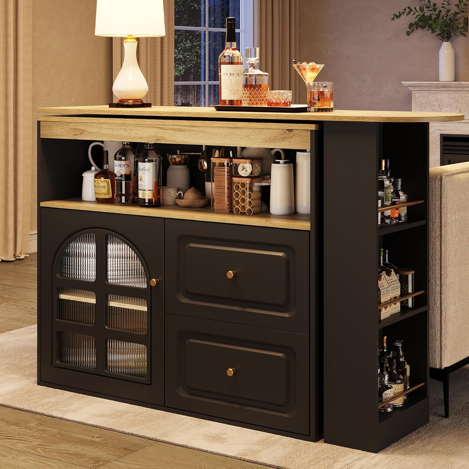 Îlot de Cuisine Mobile de 205cm avec Table Pivotante,Placard de Rangement,Tiroirs et Étagères,Style Campagnard avec Table à Manger Extensible pour Cuisine, Salle à Manger ou Bar (Noir)