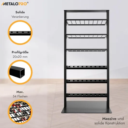 Étagère à Vin Piemont 54 Bouteilles – Casier à Vin en Métal Noir, Range Bouteille Stable, Flaschenregal Robuste Design Industriel pour Cuisine Cave ou Bar 170x80x60 cm