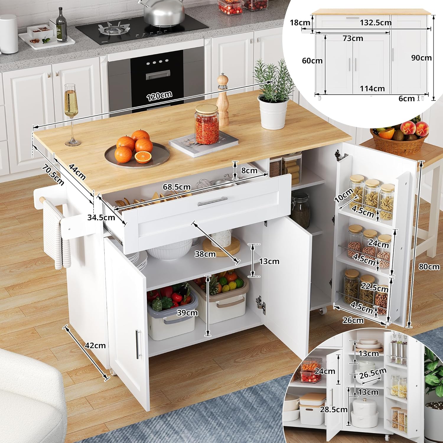 Îlot Central de Cuisine avec Rangement, Meuble Cuisine Mobile avec Desserte à roulettes, 1 Tiroir, 3 Portes et Étagère à Épices, Plan de Travail et Porte-Serviettes Îlot de Cuisine(White) Blanc