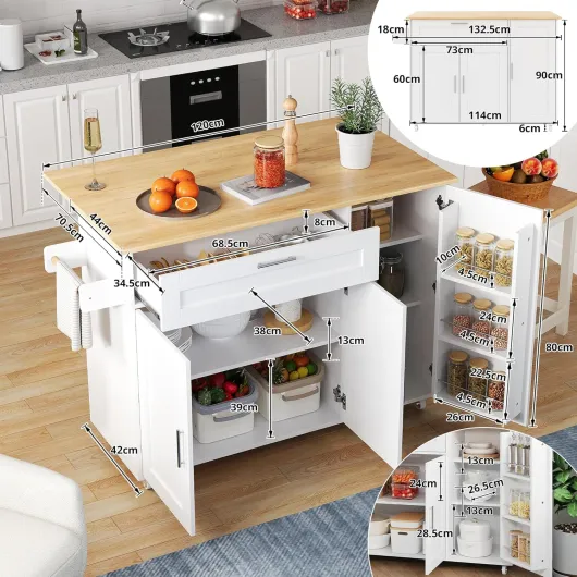 Îlot Central de Cuisine avec Rangement, Meuble Cuisine Mobile avec Desserte à roulettes, 1 Tiroir, 3 Portes et Étagère à Épices, Plan de Travail et Porte-Serviettes Îlot de Cuisine(White) Blanc
