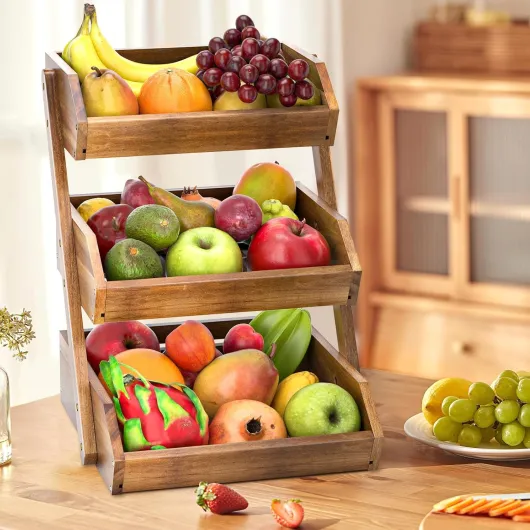 G.a HOMEFAVOR Support de Corbeille à Fruits Etagè en Bois D'acacia 3 Niveaux Support pour Le Rangement des légumes, du Pain dans la Cuisine Marron , 3 Niveaux Bois D'acacia