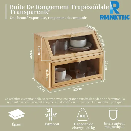 Boîte à Pain en Bambou 2 Niveaux – Rangement à Pain avec Porte en Acrylique et Design en échelle, pour Pain, épices et Accessoires de Cuisine, Boîte de Rangement Gain de Place pour la Cuisine transparent