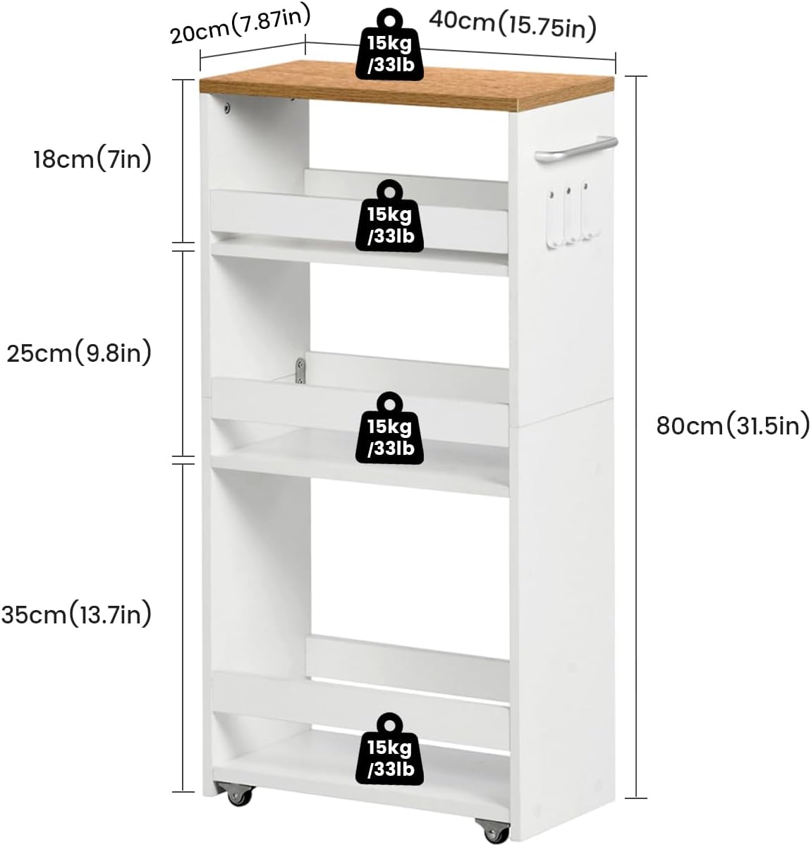 Chariot de Rangement 20 cm à roulettes, Desserte de Cuisine à 4 Niveaux avec Poignée Latérale et Crochets, Design Étroit pour Petit Espace, Salle de Bain, Salon, Bureau, Naturel et Blanc 4 Niveaux(40x20x80cm) Naturel + Blanc