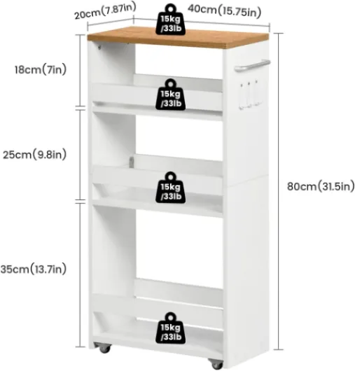 Chariot de Rangement 20 cm à roulettes, Desserte de Cuisine à 4 Niveaux avec Poignée Latérale et Crochets, Design Étroit pour Petit Espace, Salle de Bain, Salon, Bureau, Naturel et Blanc 4 Niveaux(40x20x80cm) Naturel + Blanc