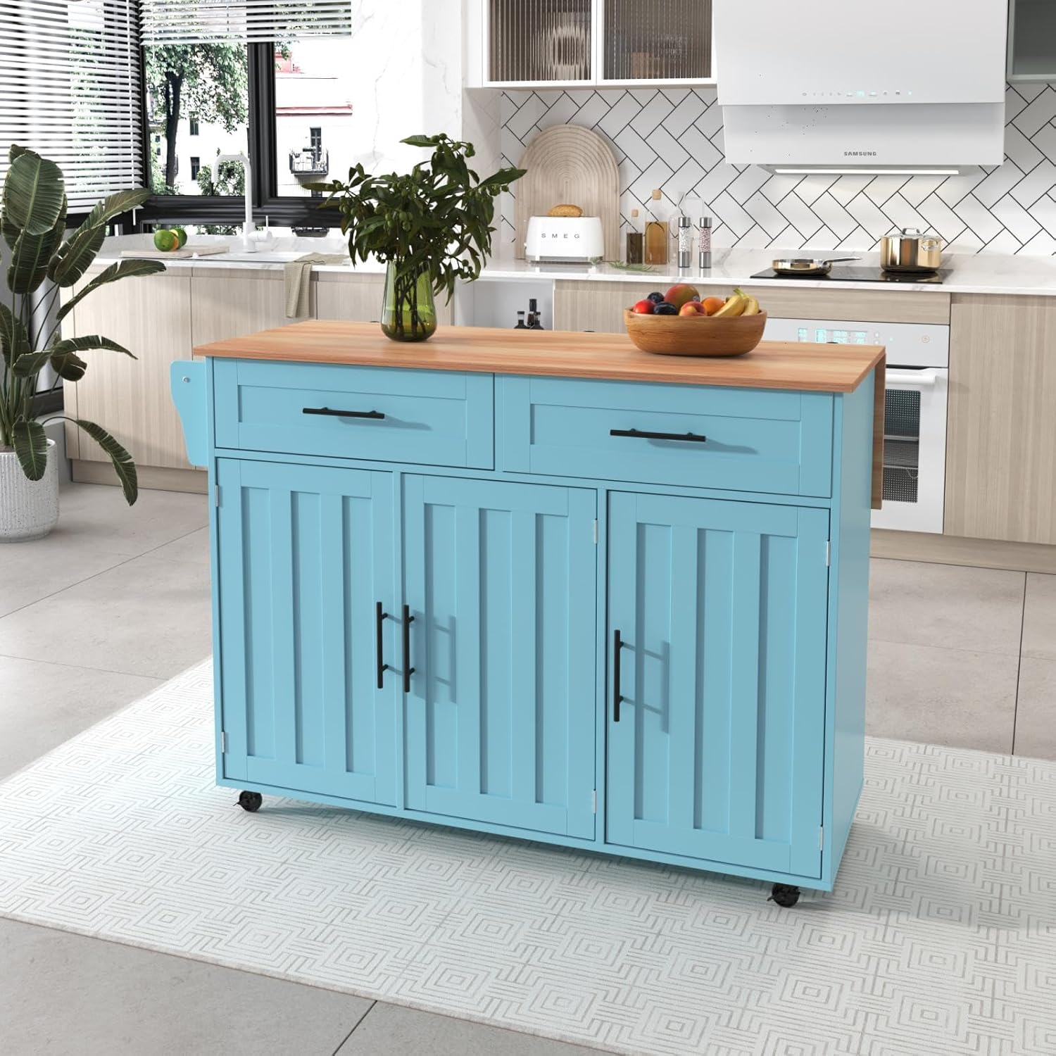 PUGSDRLY Desserte de Cuisine à roulettes,Buffet Meuble Cuisine avec Plateau de Table Pliable,2 Tiroirs et 3 Portes,Roulette ou Pieds en Bois Massif,Design de la Porte du Réfrigérateur (Bleu-B)