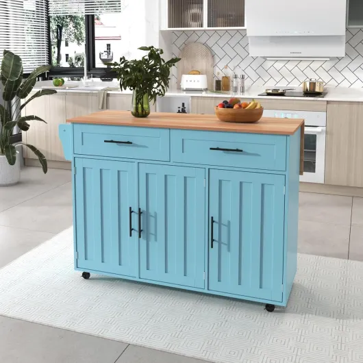 PUGSDRLY Desserte de Cuisine à roulettes,Buffet Meuble Cuisine avec Plateau de Table Pliable,2 Tiroirs et 3 Portes,Roulette ou Pieds en Bois Massif,Design de la Porte du Réfrigérateur (Bleu-B)