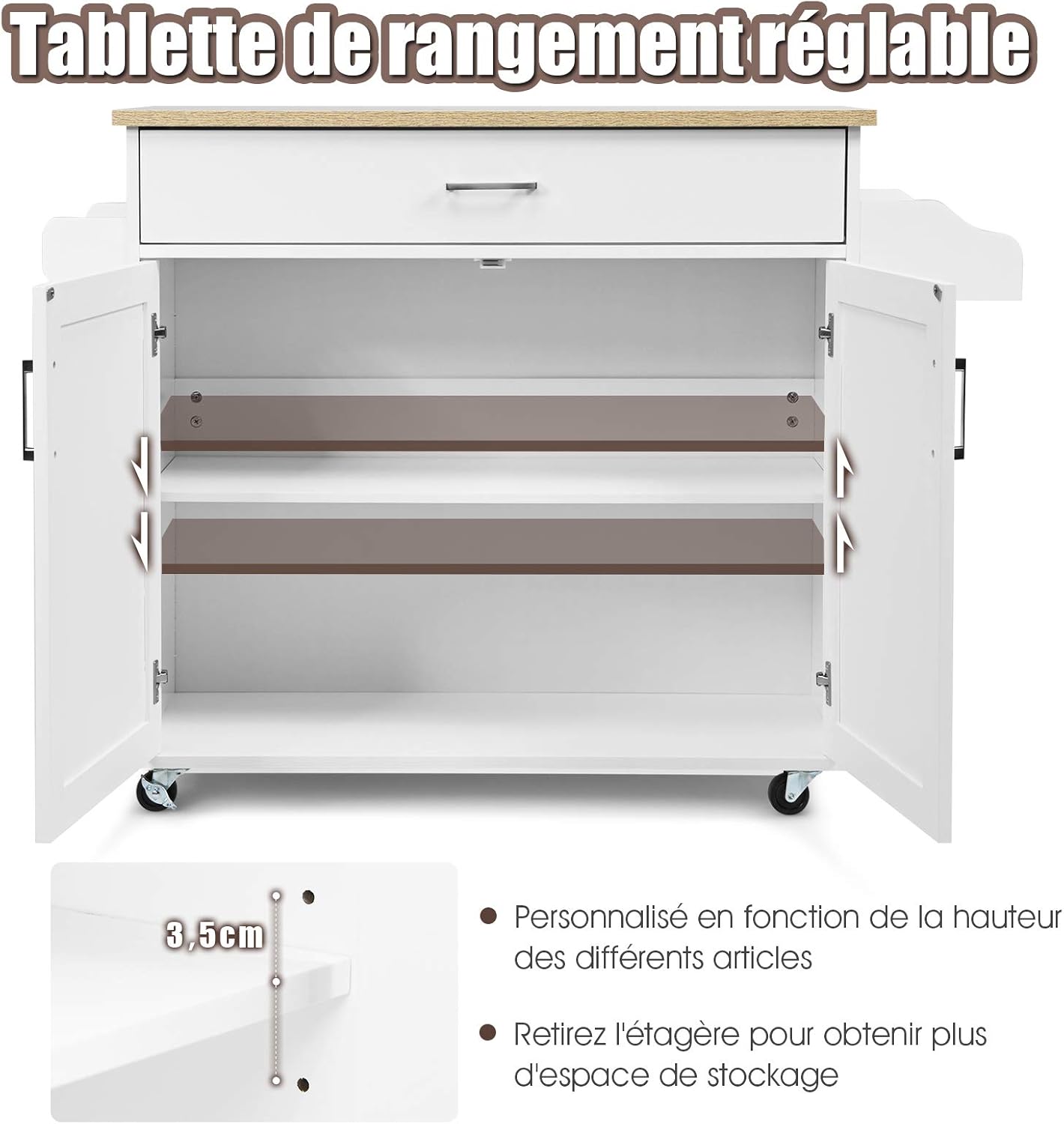 Dessert de Cuisine à roulettes Verrouillables, Ilot Central Cuisine Étagère Réglable sur 3 Niveaux, Grand Placard, Tiroir, Porte-épices et Porte-Serviettes, 40 x 116 x 85 cm (Blanc) L丨40 x 116 x 85 cm Blanc
