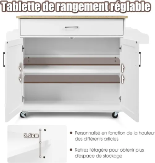 Dessert de Cuisine à roulettes Verrouillables, Ilot Central Cuisine Étagère Réglable sur 3 Niveaux, Grand Placard, Tiroir, Porte-épices et Porte-Serviettes, 40 x 116 x 85 cm (Blanc) L丨40 x 116 x 85 cm Blanc