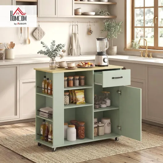 Desserte de Cuisine à roulettes, îlot Central Cuisine avec tiroir, Porte, Compartiments Ouverts, étagère réglable et Porte-épices, Chariot de Rangement pour Salle à Manger, 96,5x38x87cm, Vert