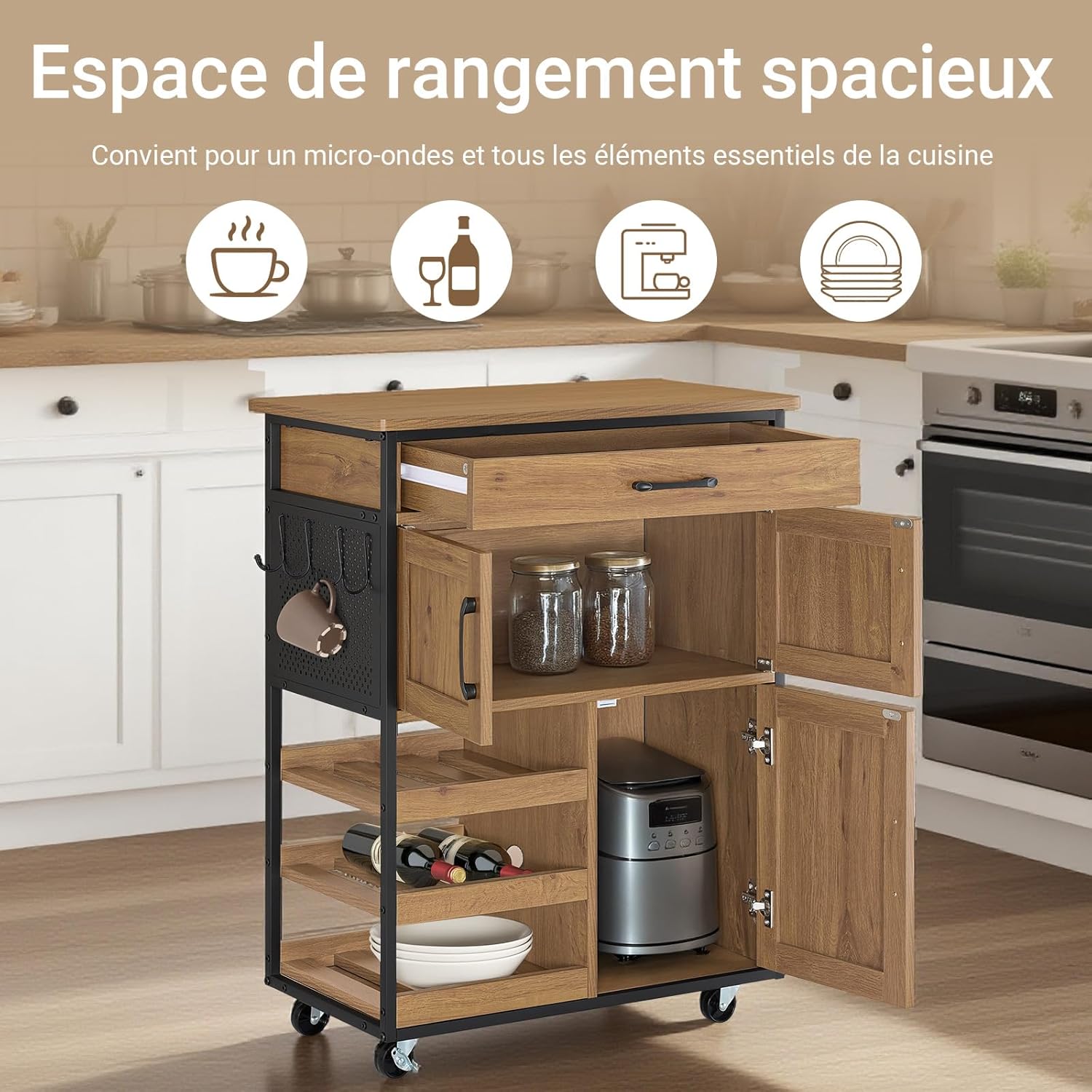 Meuble Cuisine Rangement avec Plan de Travail, Desserte Cuisine avec roulettes, Tiroirs & Range-Bouteilles, Îlot Central Cuisine pour Salle à Manger et Extérieur Marron 67x37x88cm FKW134-N Marron Vintage