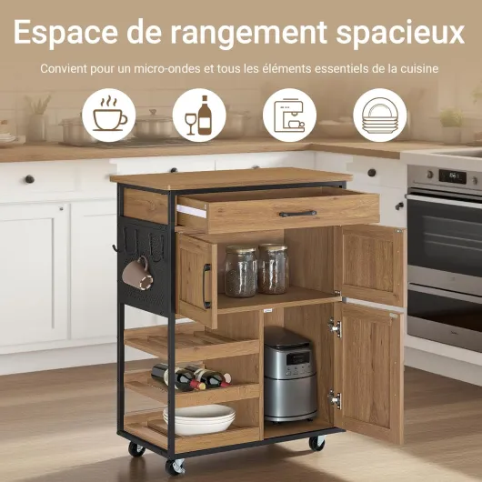 Meuble Cuisine Rangement avec Plan de Travail, Desserte Cuisine avec roulettes, Tiroirs & Range-Bouteilles, Îlot Central Cuisine pour Salle à Manger et Extérieur Marron 67x37x88cm FKW134-N Marron Vintage