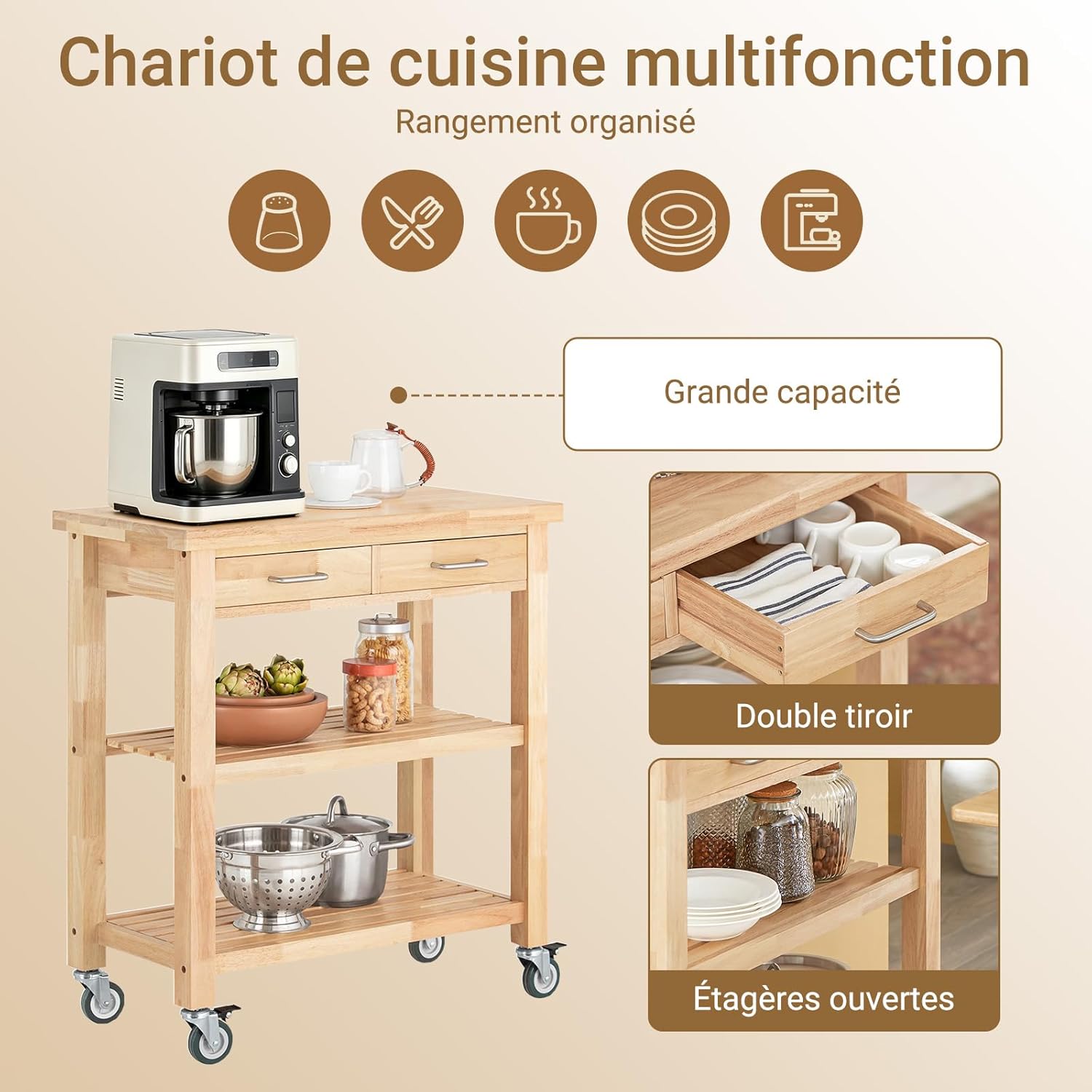 Desserte de Cuisine à roulettes en Bois d’Hévéa – Chariot de Rangement avec 2 Tiroirs et 2 Étagères – Meuble Cuisine Compact 80x40x90 cm FKW24-II-N