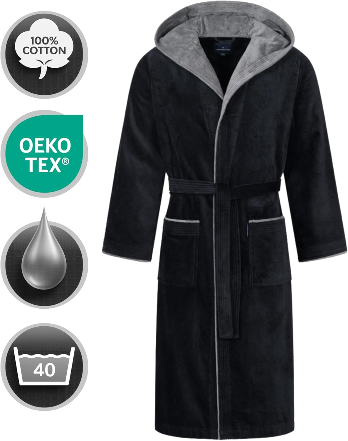 Peignoir de Bain Homme avec Capuche 100% Coton Éponge Velours OEKO-TEX® Robe de Chambre Long Finn L Noir