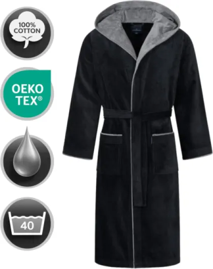 Peignoir de Bain Homme avec Capuche 100% Coton Éponge Velours OEKO-TEX® Robe de Chambre Long Finn L Noir