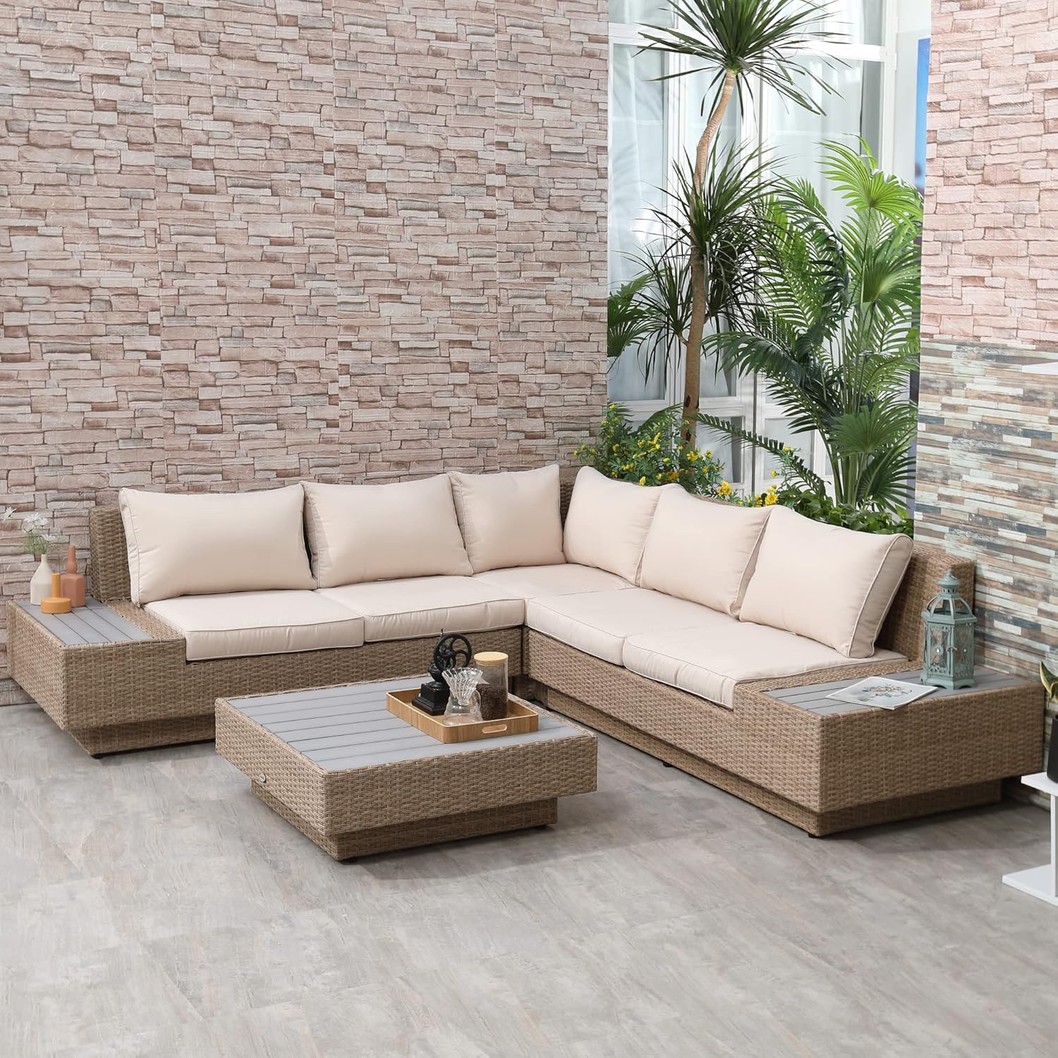 Ensemble Salon de Jardin d'angle 5 Places, mobilier de Jardin avec Table Basse, Coussins épais, Design Contemporain, en résine tressée et métal, Beige