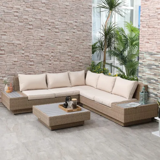 Ensemble Salon de Jardin d'angle 5 Places, mobilier de Jardin avec Table Basse, Coussins épais, Design Contemporain, en résine tressée et métal, Beige