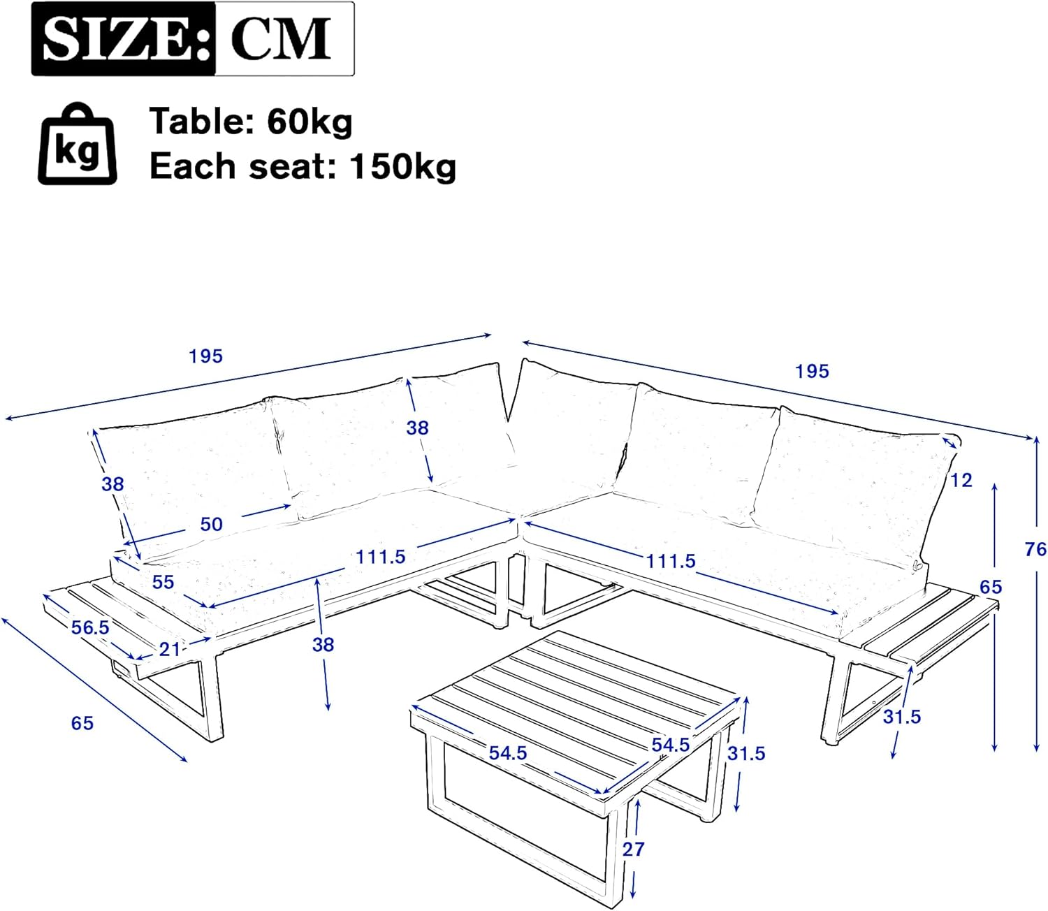 Salon de jardin exterieur en forme de L – Canapé d'angle 5 places avec dossier inclinable réglable – Ensemble de mobilier d'extérieur modulable en acier galvanisé, incluant coussins et table basse - Beige Canapé de jardin en forme de L