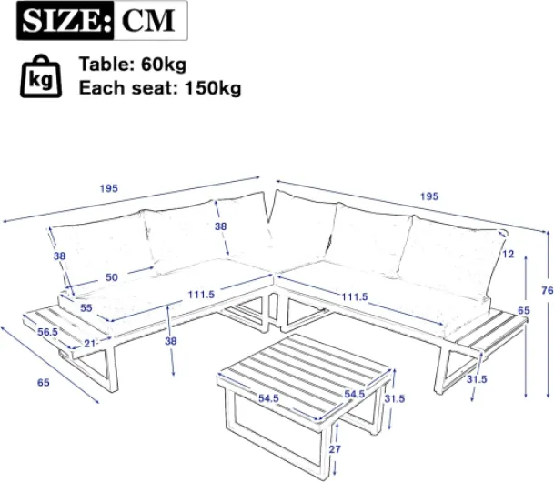 Salon de jardin exterieur en forme de L – Canapé d'angle 5 places avec dossier inclinable réglable – Ensemble de mobilier d'extérieur modulable en acier galvanisé, incluant coussins et table basse - Beige Canapé de jardin en forme de L