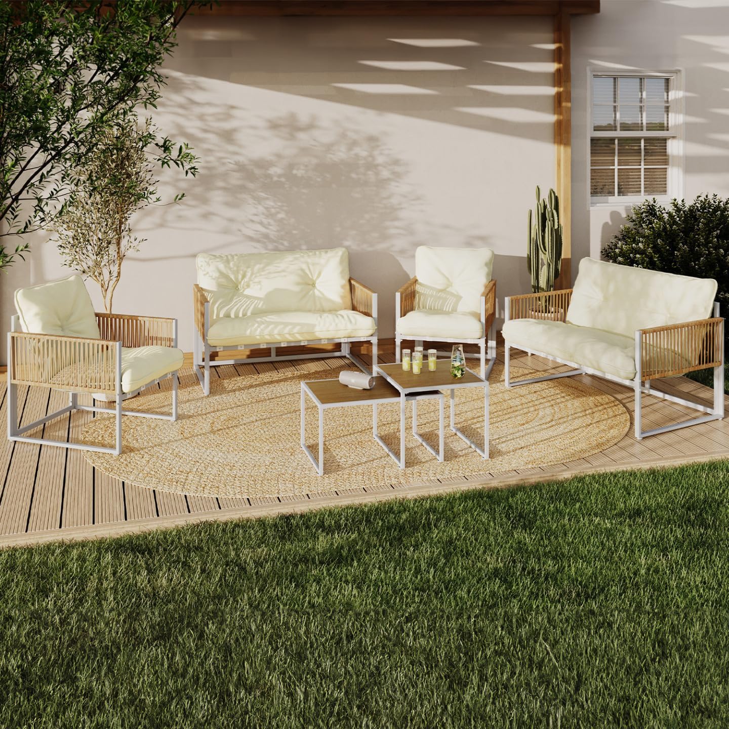 Salon de Jardin Bas Rio 6 Places Structure métal Blanc et Cordage Effet rotin avec Coussins Beige