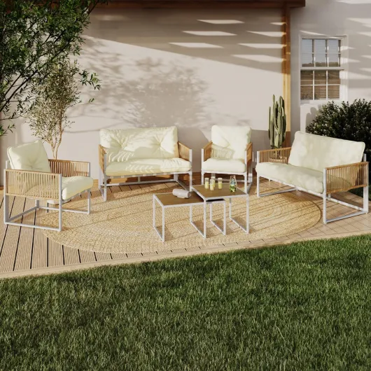 Salon de Jardin Bas Rio 6 Places Structure métal Blanc et Cordage Effet rotin avec Coussins Beige